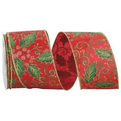 Cheap 🤩 JAM Paper 2.5" Red & Green Holly Leaf Glitter Satin Wired Ribbon ❤️