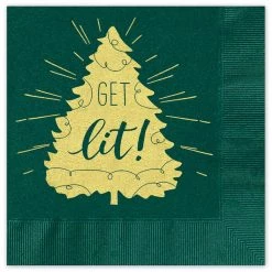 Promo 💯 JAM Paper Green & Gold Get Lit Holiday 🎁 Christmas Tree Beverage Napkins, 25ct. ⭐