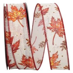 New ❤️ JAM Paper 1.5" Linen Wired Glitter Highlights Leaf Ribbon 🔥